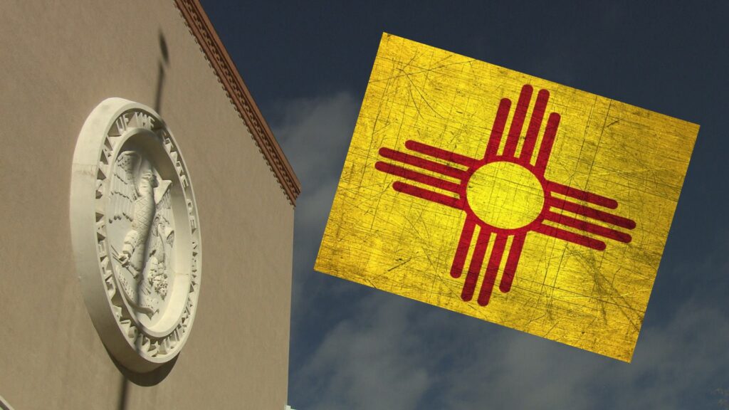 Composite of side view of the Santa Fe Roundhouse, and the New Mexico flag.