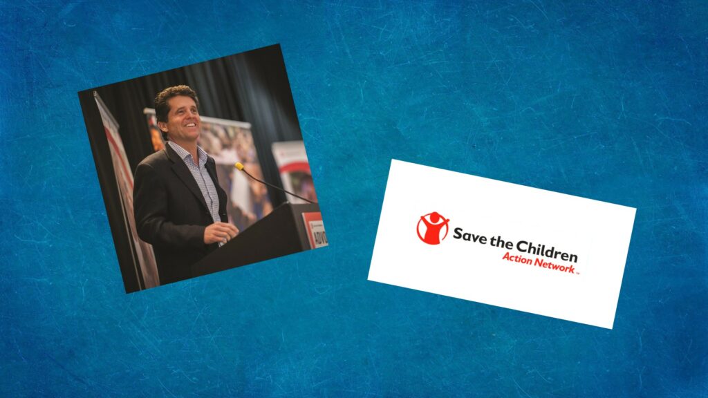 Composite of portrait of Mark Shriver, and the logo for the Save the Children Action Network.
