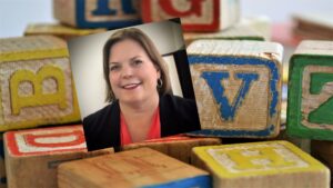 Composite of secretary Groginski, and close-up of letter block toys.