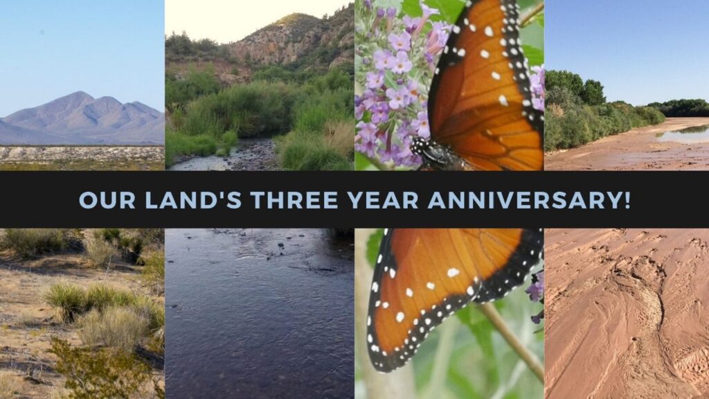 Composite of various New Mexican terrains, with superimposed text "OUR LAND'S THREE YEAR ANNIVERSARY!"
