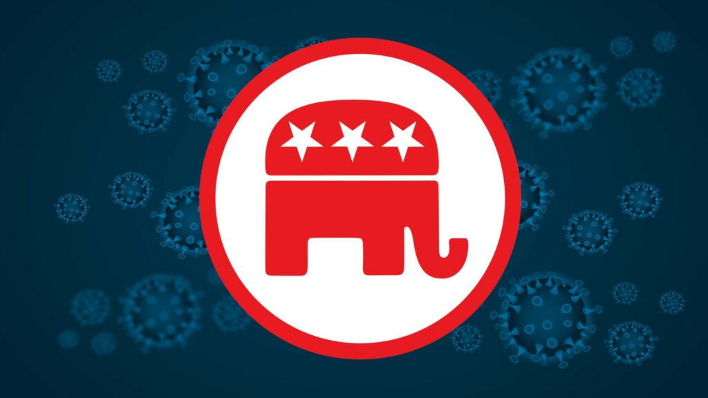 Composite of the Republican Party ident in front of a group of coronaviruses.