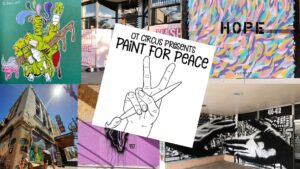 Composite of works of art in Downtown Albuquerque, with superimposed logo for "OT Circus presents Paint for Peace".