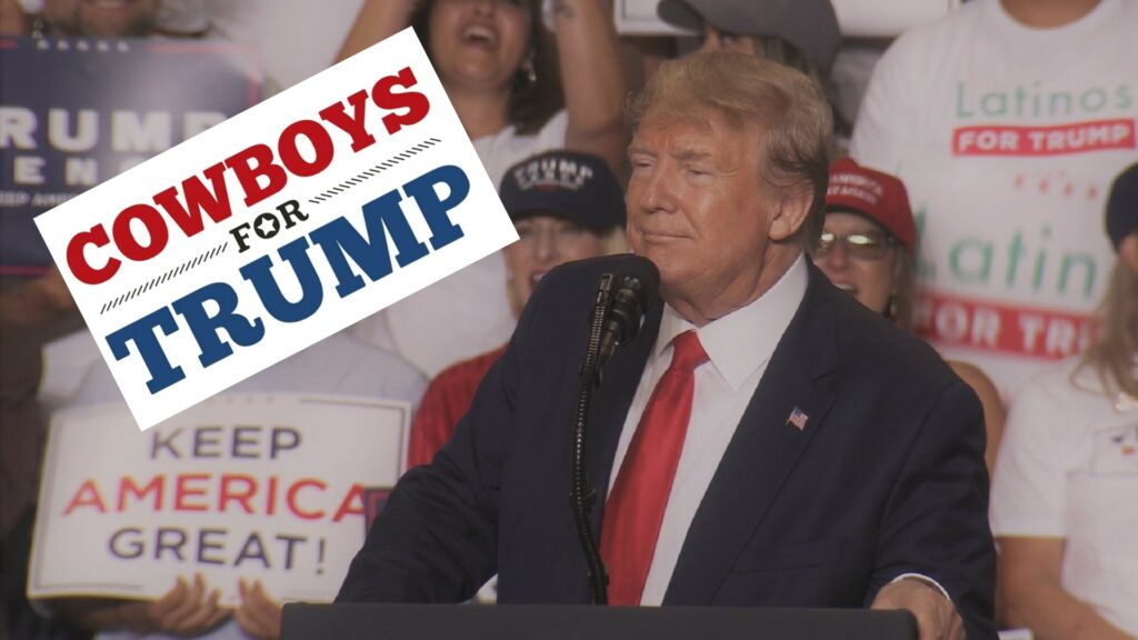 Composite of Donald Trump speaking at a rally, with logo for "Cowboys for Trump".