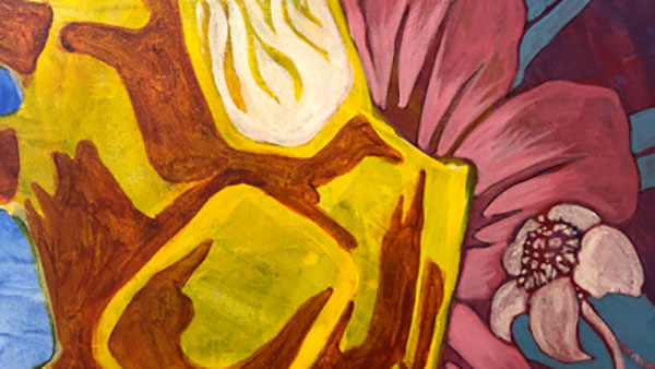 A painting of flowers, accompanied by a yellow-and-brown splotch.