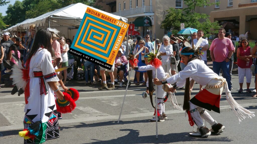 Composite of Indigenous dancers performing in front of an audience, with superimposed logo for "Indian Market 2020: The Virtual Edition".