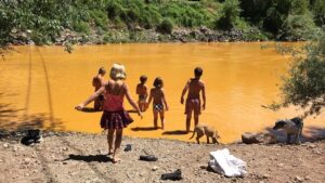 A group of children wading into a gold-tinted river.