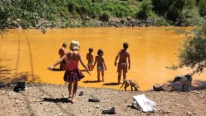 A group of children wading into a gold-tinted river.