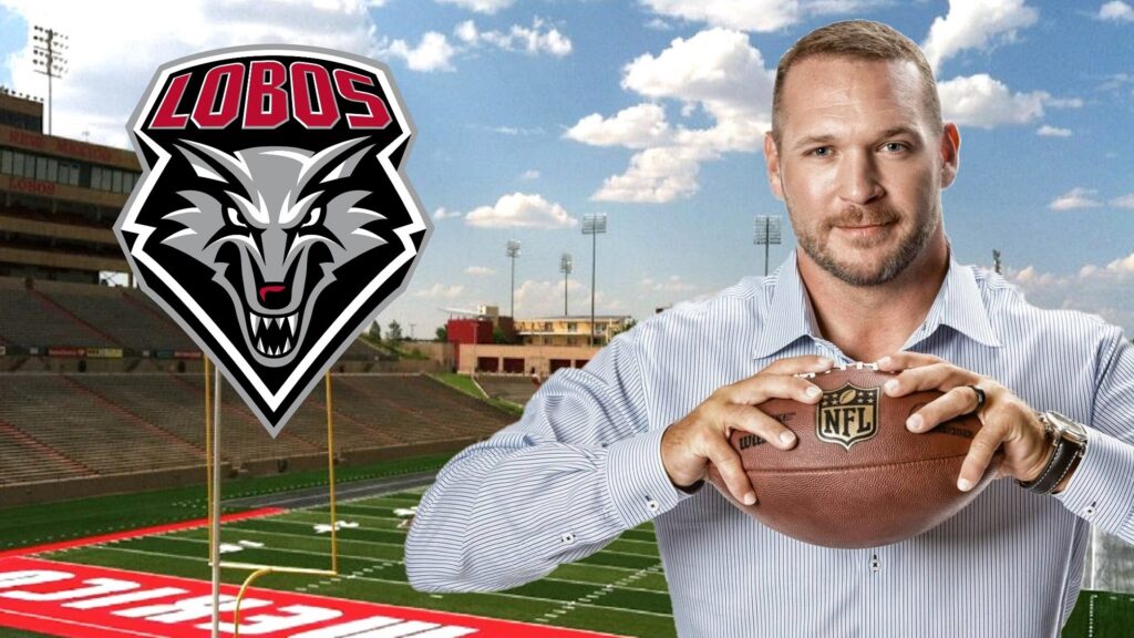 Composite of Brian Urlacher holding a football, the UNM Lobos ident, and a football field.