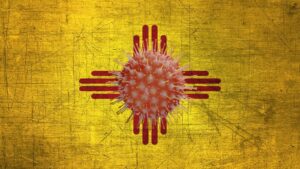 Illustration of a coronavirus superimposed over a Zia sun symbol.