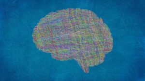 Illustration of a brain, composed of colored lines.