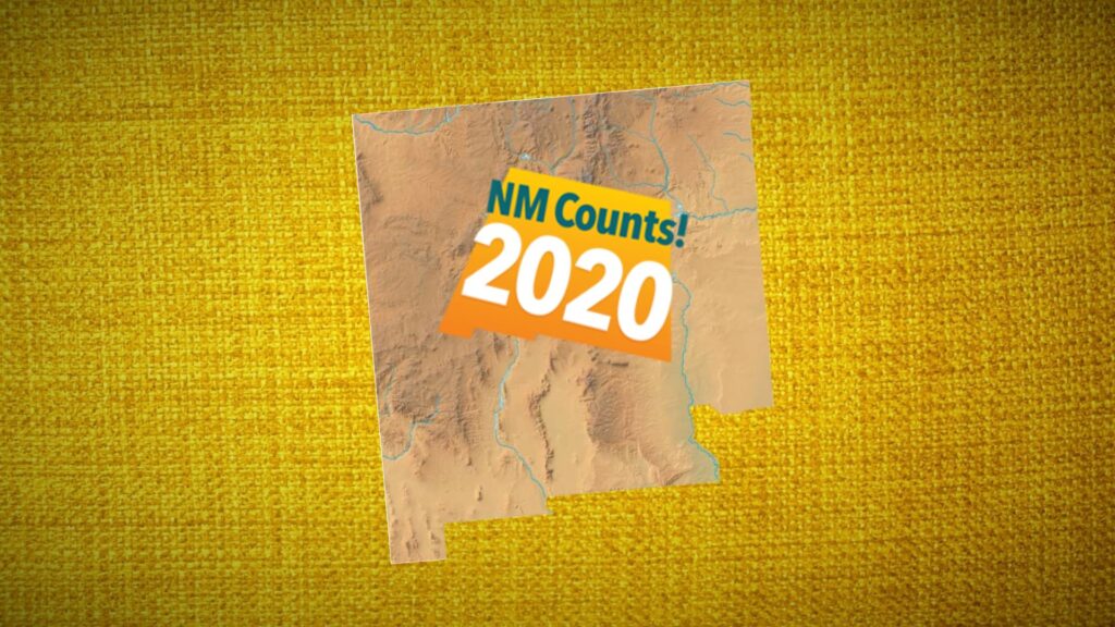 Satellite view of New Mexico, with superimposed label "NM Counts! 2020".