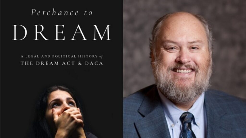 Composite of portrait of a man, and cover for book "Perchance to Dream".