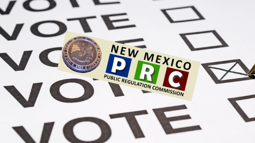 Composite of sheet of paper reading "VOTE" accompanied by checkboxes, with the logo for the New Mexico Public Regulation Commission on top.