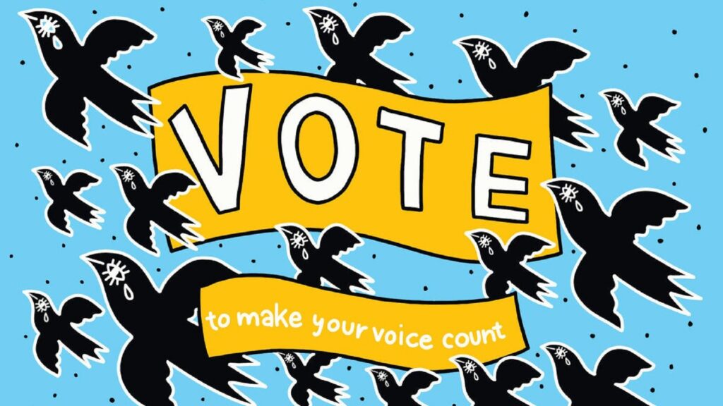 Illustration of birds flying upward, carrying signs reading "VOTE to make your voice count".