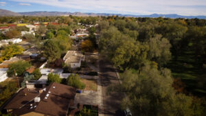 Aerial view of residential neighborhood, with trees scattered throughout.
