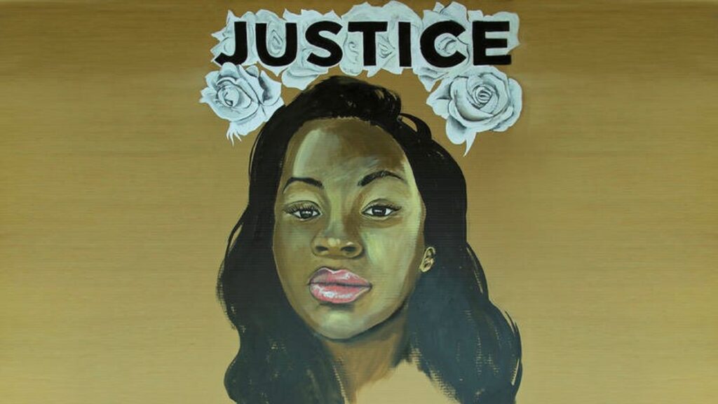 An illustration of Breonna Taylor, with white roses crowning her and a label "JUSTICE".