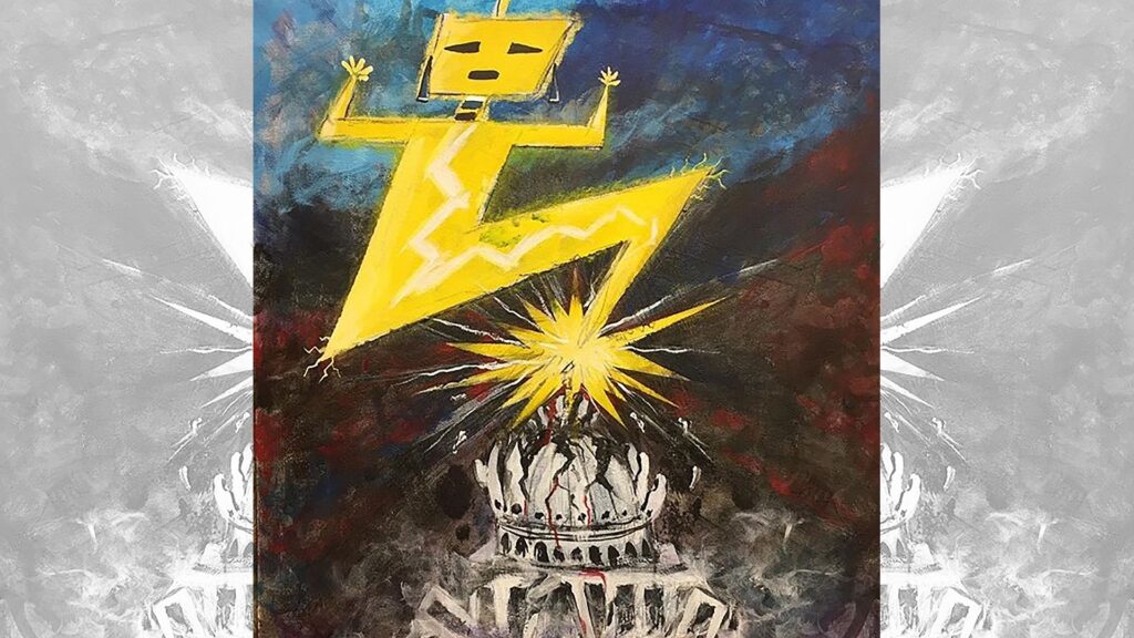 Painting of a personified lightning bolt landing on a crown, shattering it.