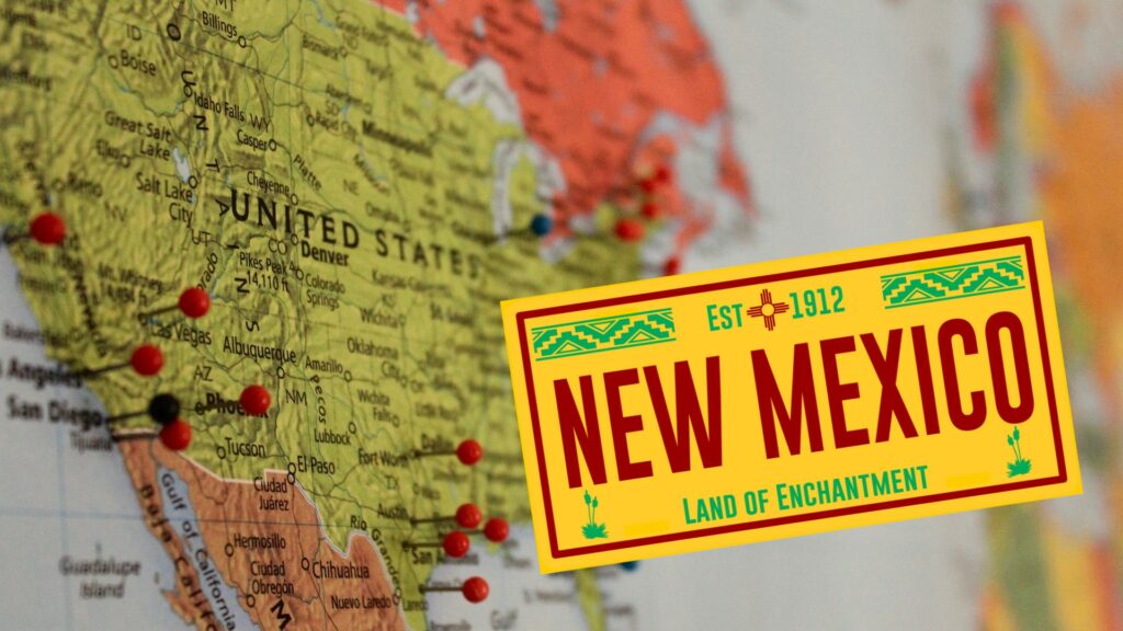 Composite of a United States map, with superimposed banner for New Mexico: Land of Enchantment.