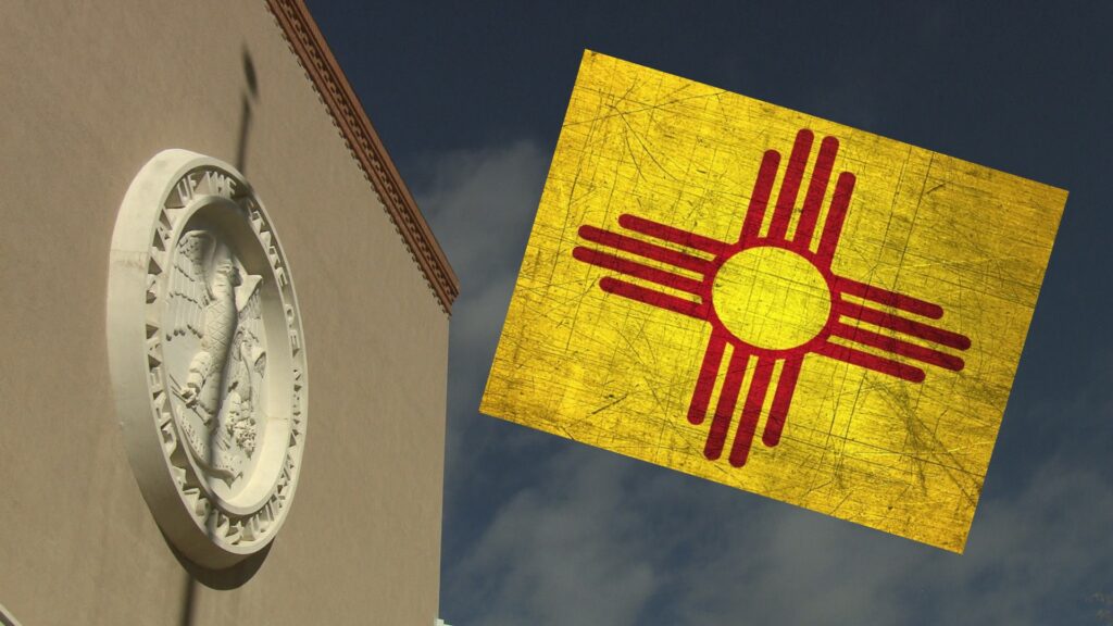 Composite of the Santa Fe Roundhouse, with image of the New Mexico flag.