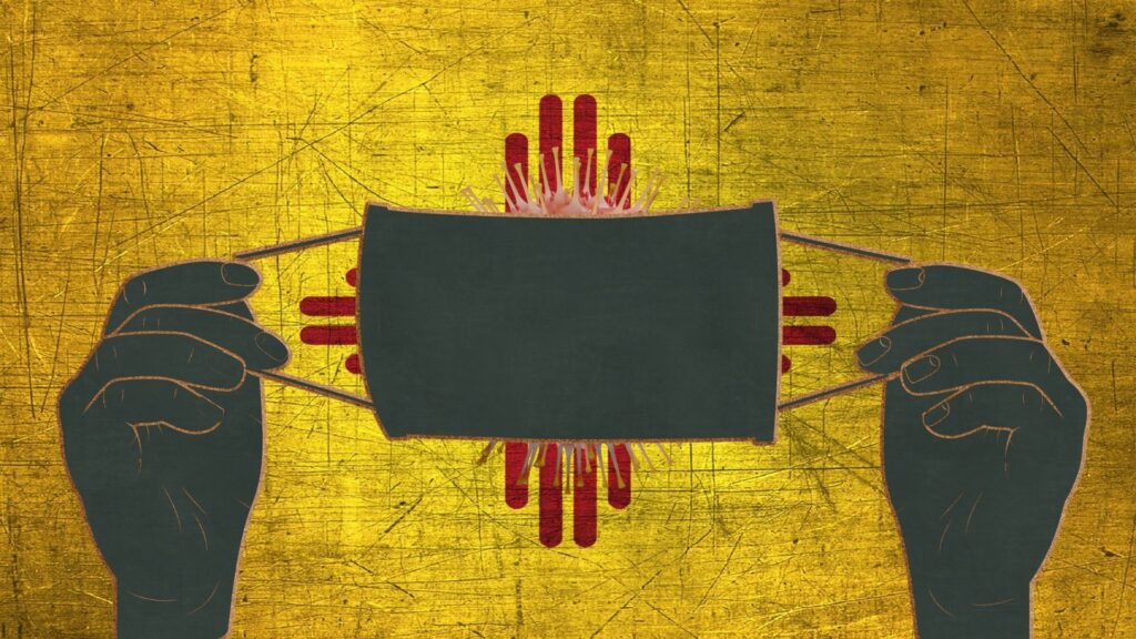 Illustration of hands holding a facemask over the New Mexico flag.