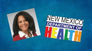 Composite of portrait of Tracie Collins, and logo for New Mexico Department of Health.