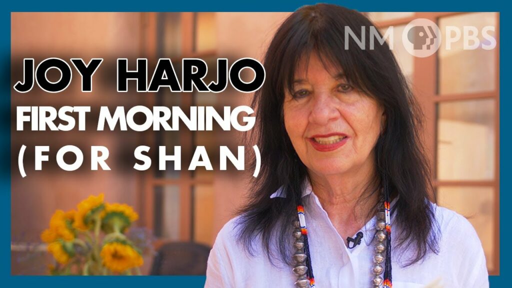 Portrait of Joy Harjo with label "First Morning (for Shan)".