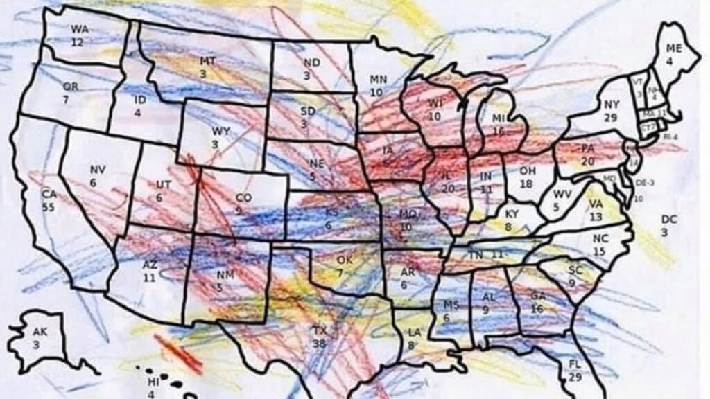 An electoral map of the United States, scribbled out with crayon.