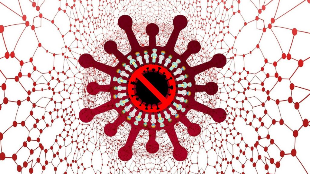 Illustration of medical staff guarding against a coronavirus, amidst a network of lines and dots.