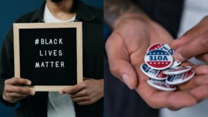 Composite of hands holding a sign reading "#BLACK LIVES MATTER", and a hand holding buttons reading "VOTE".
