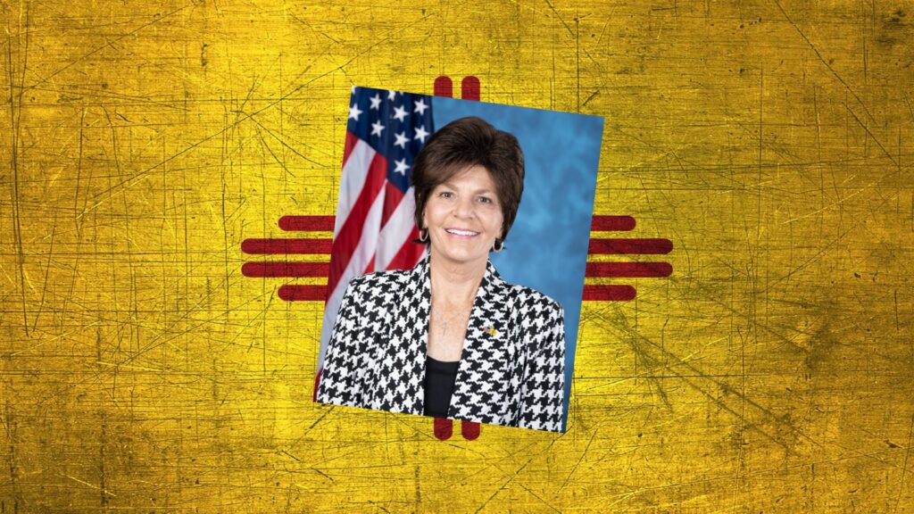 Composite of portrait of Yvette Herrell in front of the New Mexican flag.