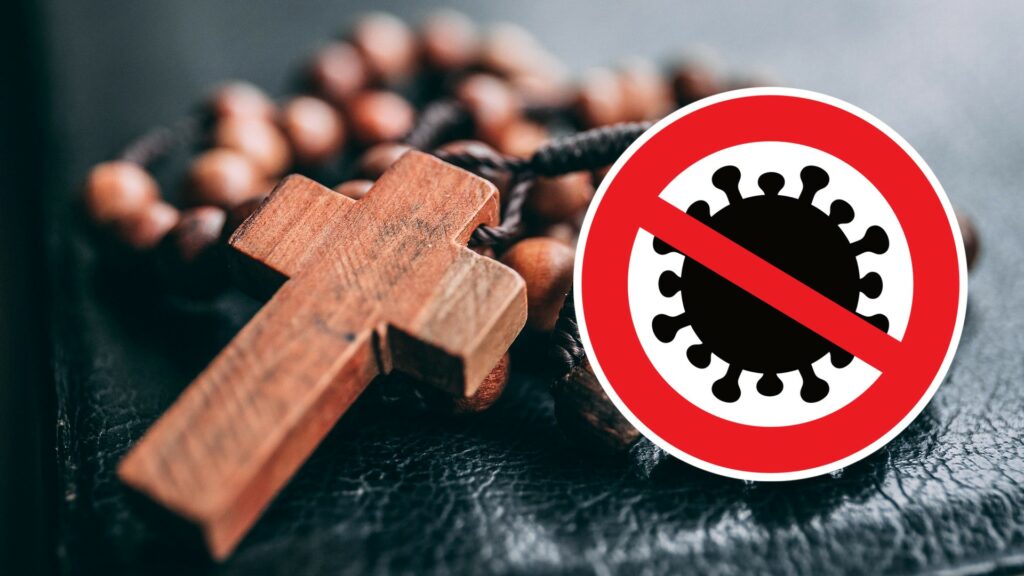 Composite of a wooden cross necklace, along with a crossed-out coronavirus.