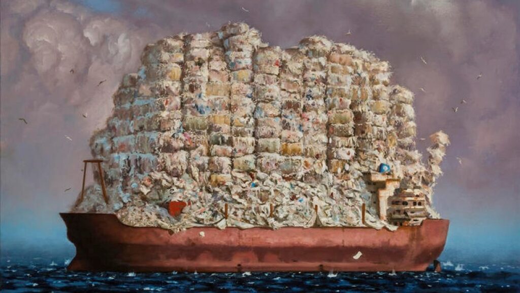 Illustration of a barge filled with garbage in the middle of a sea.