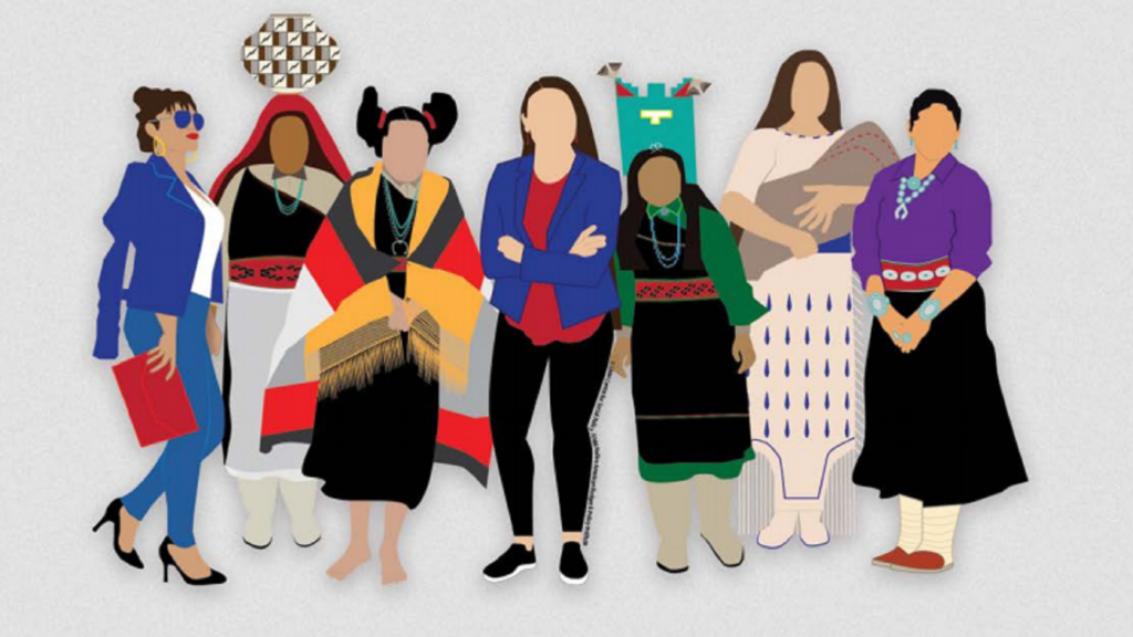 Illustration of Native women in assorted traditional and professional dress.