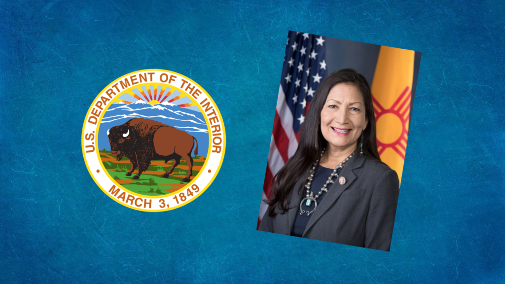 Composition of seal of the Department of the Interior, and a portrait of Deb Haaland.