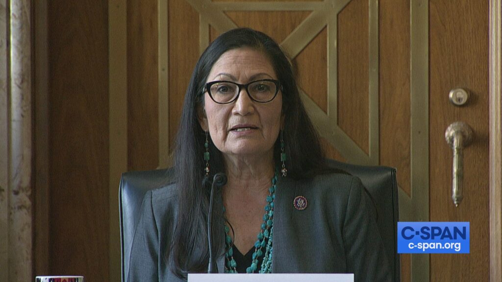 Interior Secretary Deb Haaland speaks at a confirmation hearing.