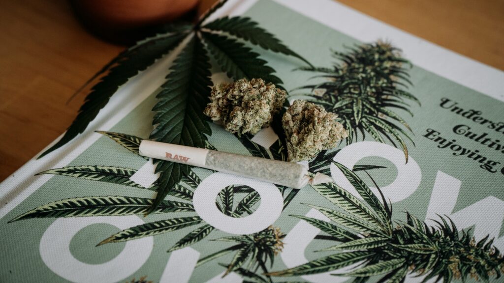 Cannabis colas next to a joint and newspaper on a table.