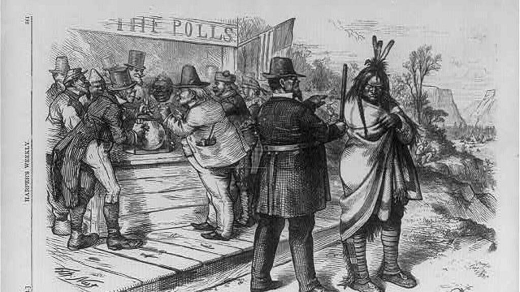 Antique illustration of white settlers checking a Native person in front of a shack labeled "THE POLLS".
