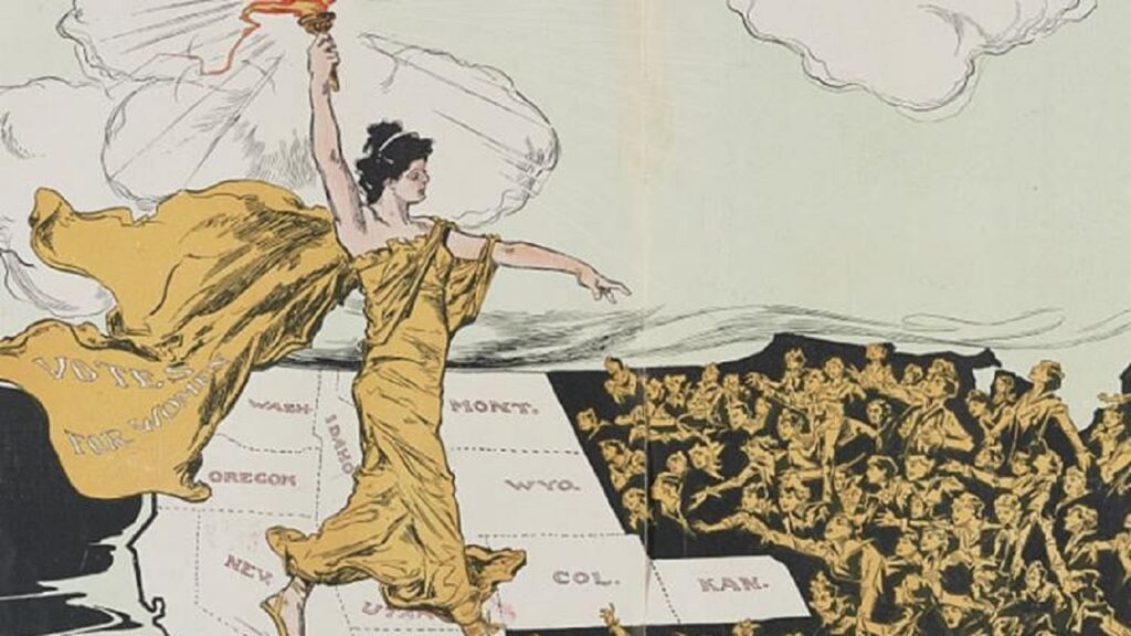 Illustration of torch-bearing woman labeled "VOTES FOR WOMEN" walks across the western U.S. into the east.