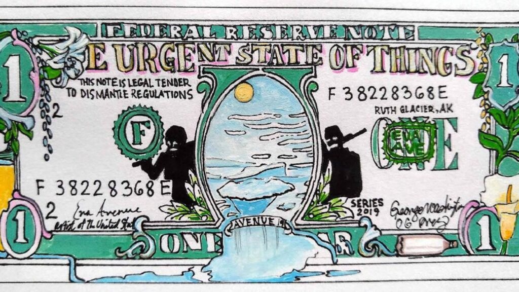 Illustration of $1 dollar bill with label "URGENT STATE OF THINGS".