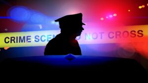 Illustration of a cop standing beside a car, with crime scene tape and red-blue lighting behind them.