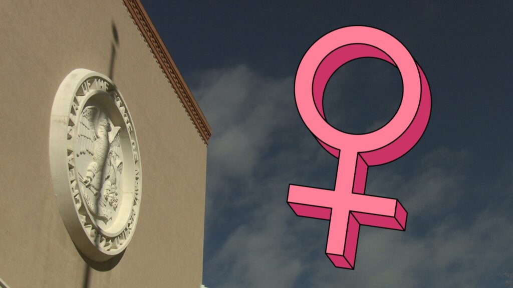 Composite of New Mexico Roundhouse, with graphic of the female gender symbol superimposed.