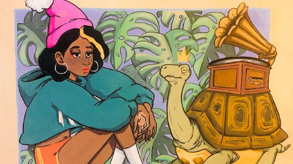 Illustration of a person in a pink hat and blue hoodie sits next to a tortoise with a gramophone on its shell.