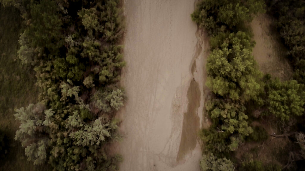 Overhead view of a dried up body of water, flanked by trees.