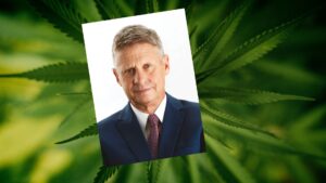 Composite of cannabis plant superimposed with portrait of Gary Johnson.