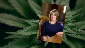 Composite of cannabis plant superimposed with portrait of Michelle Lujan Grisham.