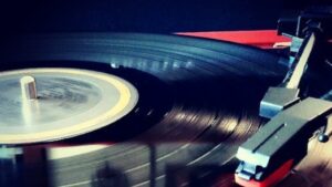 Close-up of a record playing on a turntable.