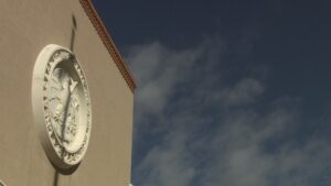 Close-up of New Mexico Roundhouse building, focused on the building's seal.