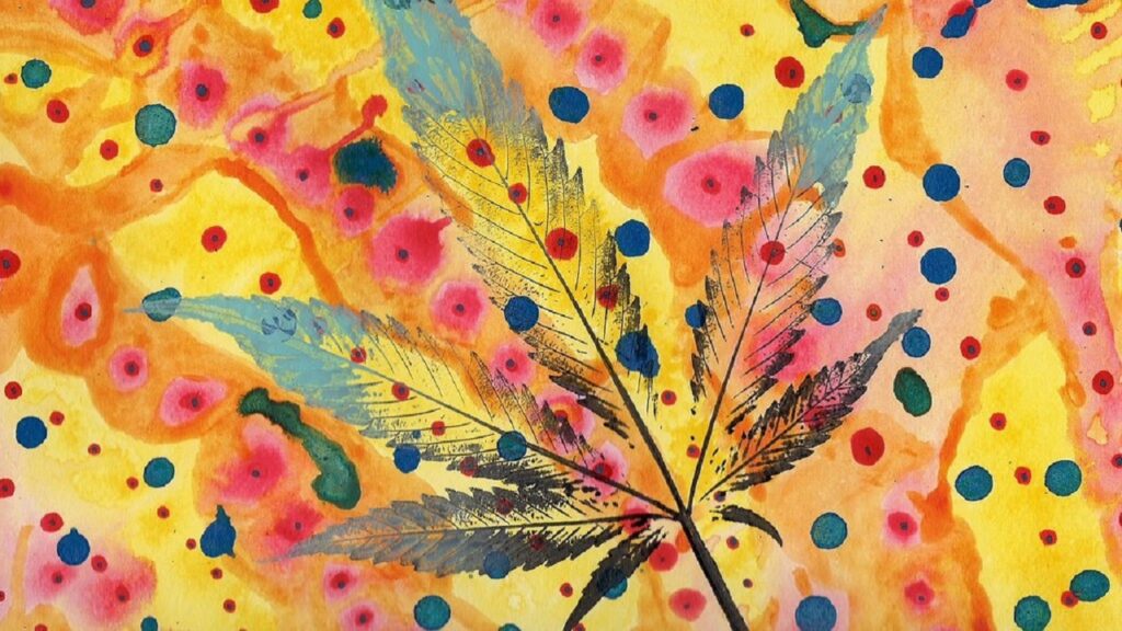 Illustration of a cannabis leaf, with decorative spots and splotches of color beside it.