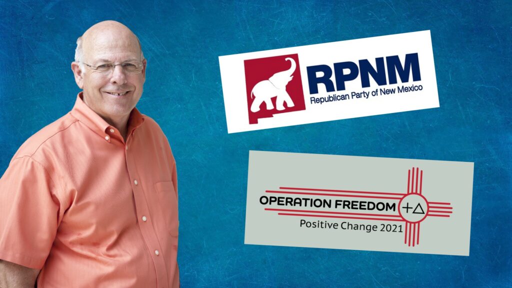 Composite of Steve Pearce with logos for the Republican Party of New Mexico, and Operation Freedom beside him.