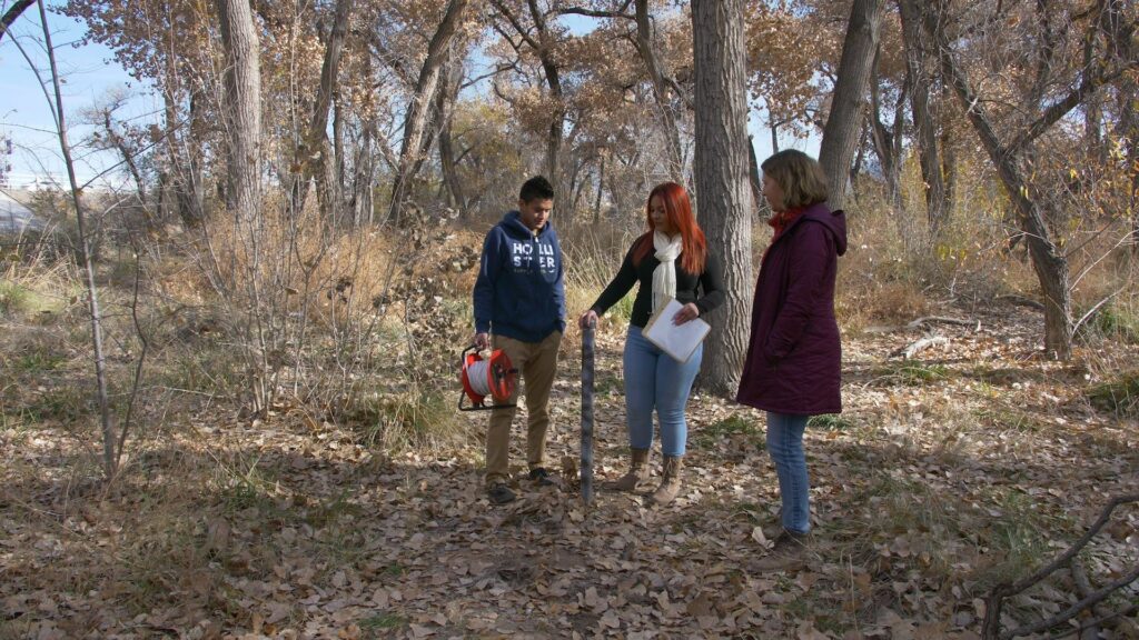 Three people stand in a woodsy area, observing a pole in the ground.